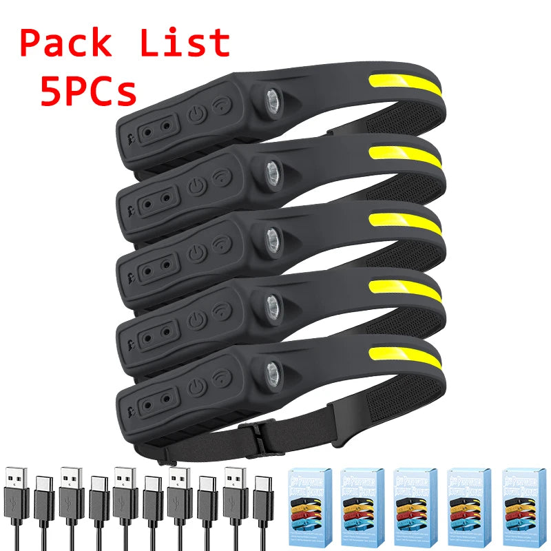 Powerful COB LED Induction Headlamp Built-in Battery USB Rechargeable Head Flashlight Outdoor Camping Fishing Riding Headlight Oasis Select Black 5PCS