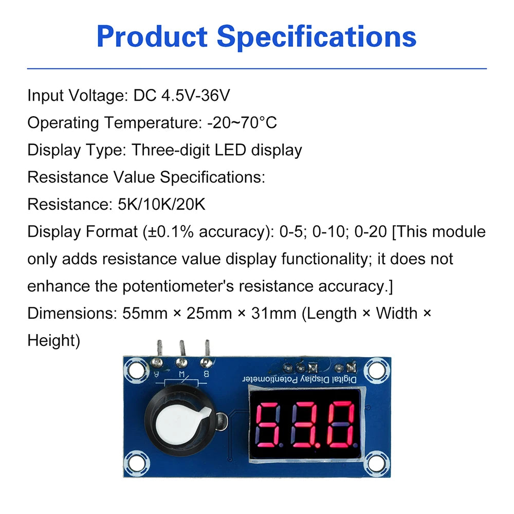 Single Channel Digital Potentiometer Module - 5K/10K/20K Adjustable Resistor with 3-Digit LED Display for Precision Control Oasis Select