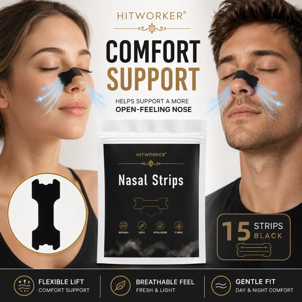 HITWORKER Black Nasal Strips Breathable Nose Strips Flexible Support Nose Tape Skin-Friendly Adhesive Comfort Fit for Day Oasis Select 15pcs