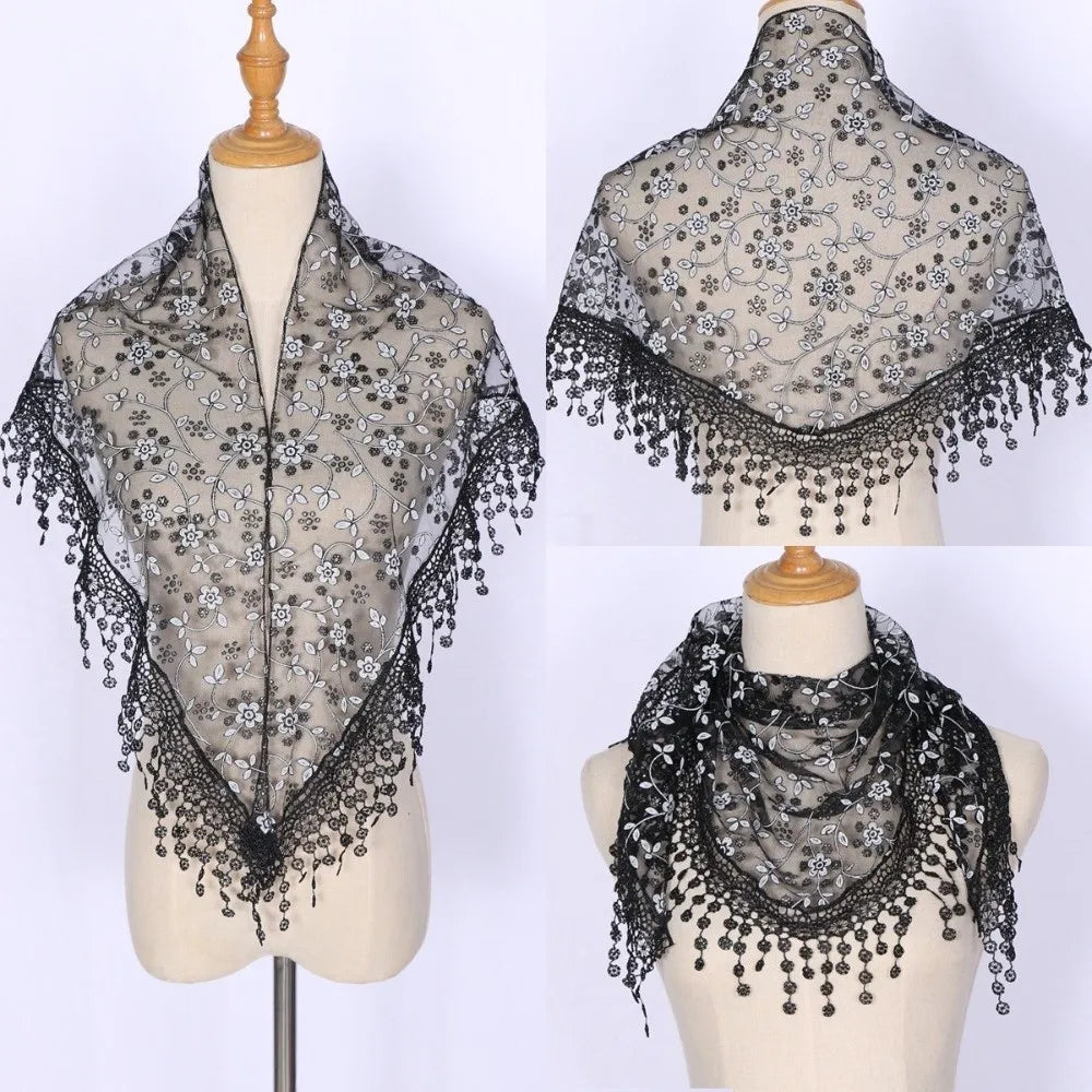 Gifts Triangle Lace Veil Headscarf Floral Breathable Women's Small Floral Scarf Lace Triangle Veil Sequined Gauze Scarf Oasis Select