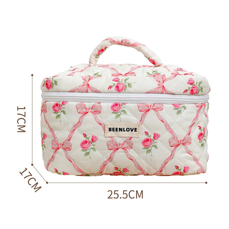 Bow Flower Quilted Makeup Bag – Zipper Cosmetic Organizer