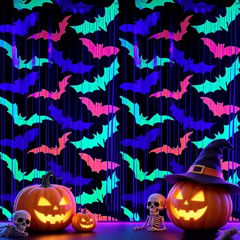 1x2M Fluorescent Tinsel Curtain Bat Pattern Cartoon Wall Hanging Bat Pendants Funny Reusable Scary Background Wall Tassel Oasis Select