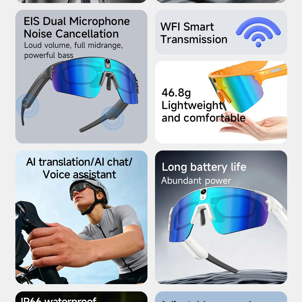 Cycling AI Smart Glasses 4K HD 800W Camera Bluetooth Call Translation Anti-shake Sunglasses Men Women Anit UV Waterproof Music Oasis Select