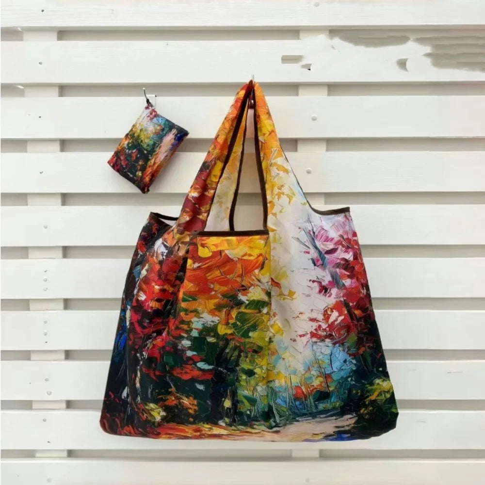 Oil Painting Print Folding Shopping Bag Portable Design Large Capacity Square Shopping Bag Foldable Feature Positioning Design Oasis Select Style 12