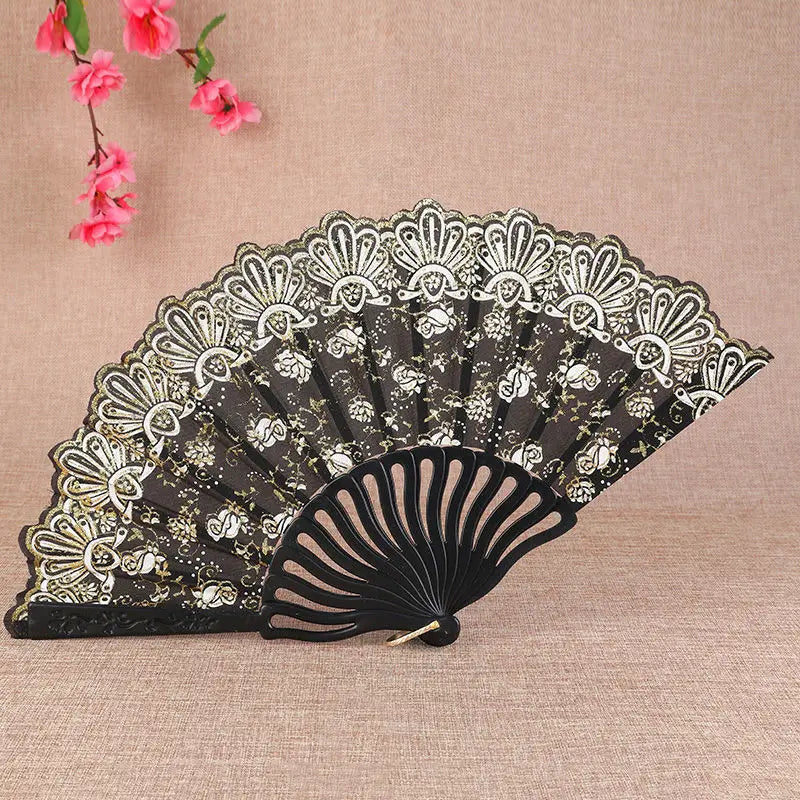 Little Flower Rose Folding Fan Ancient Style Held Dance Fans Party Wedding Prom Dancing Summer Fan Accessories Oasis Select Black-1pc