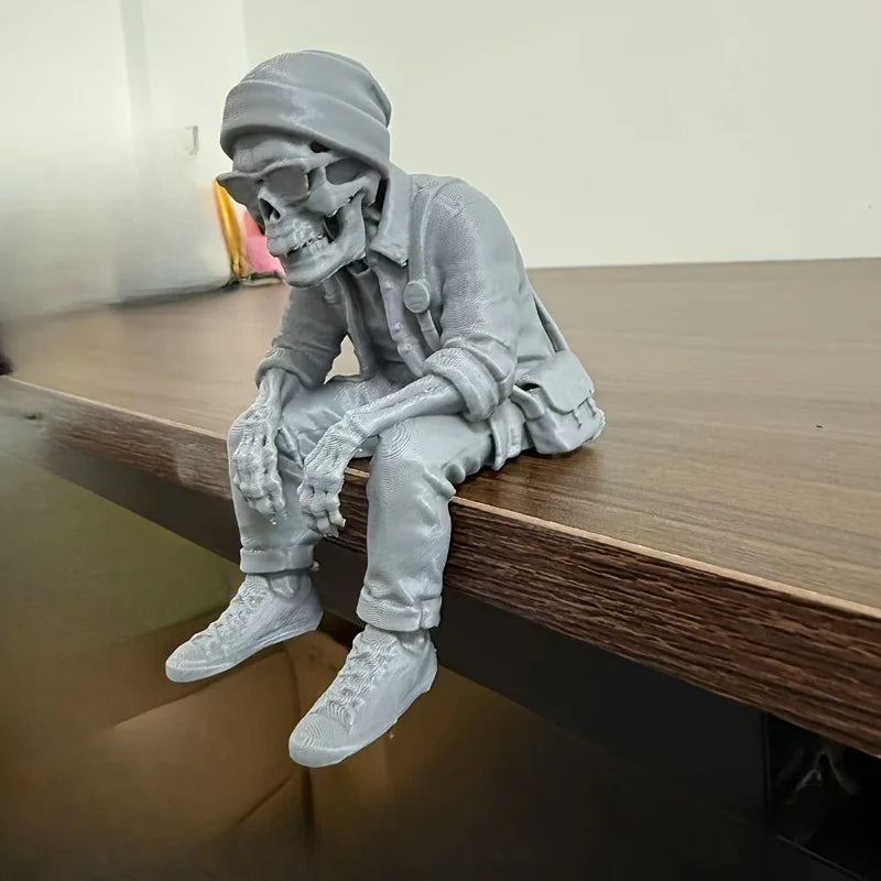 Street Style Skeleton Traveler Ornaments Fashion Skeleton Sitting Statues Cool Leisure Beanie Home Desktop Ornaments Decor Gifts Oasis Select Cold Hat Skull Gray
