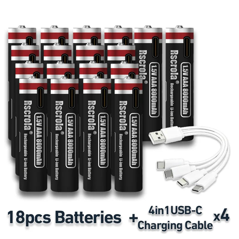 1.5V AAA Rechargeable Li-ion Battery 8000mAh Type-C USB Fast Charging for Toys Shaver Smart Home Devices Oasis Select 18 PCS AAA Batteries