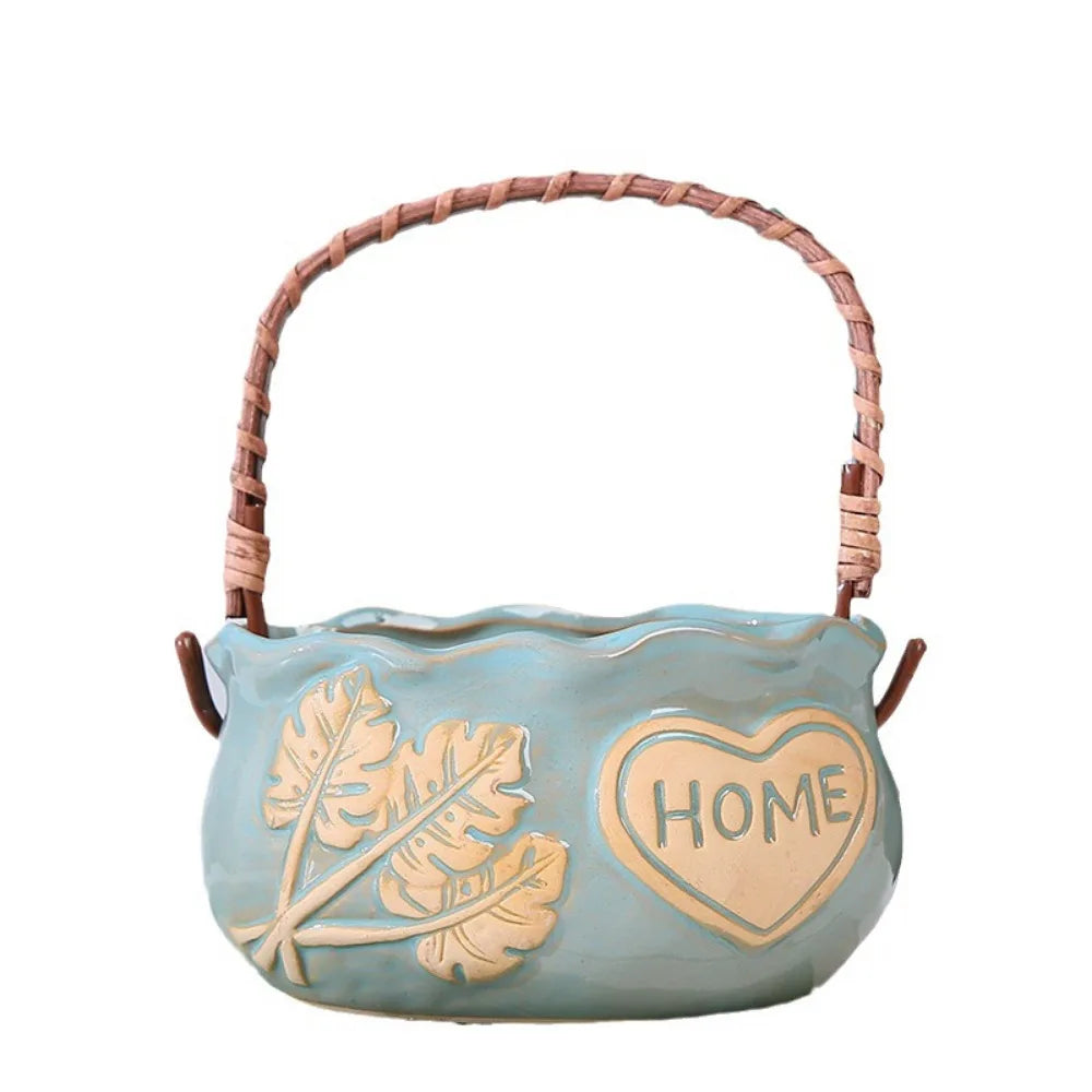 Corrosion-resistant Ceramic Succulent Planter Decorative Breathable Creative Flower Pot With Handle Nordic Flowerpot Ornament Oasis Select Blue