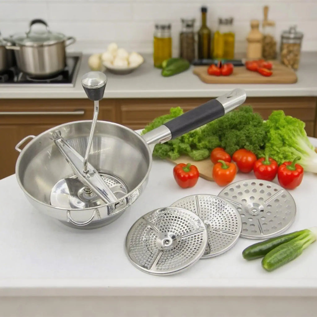 Manual potato masher food grade stainless steel potato masher multifunctional masher with 3 Replaceable Grinding Discs forTomato Oasis Select