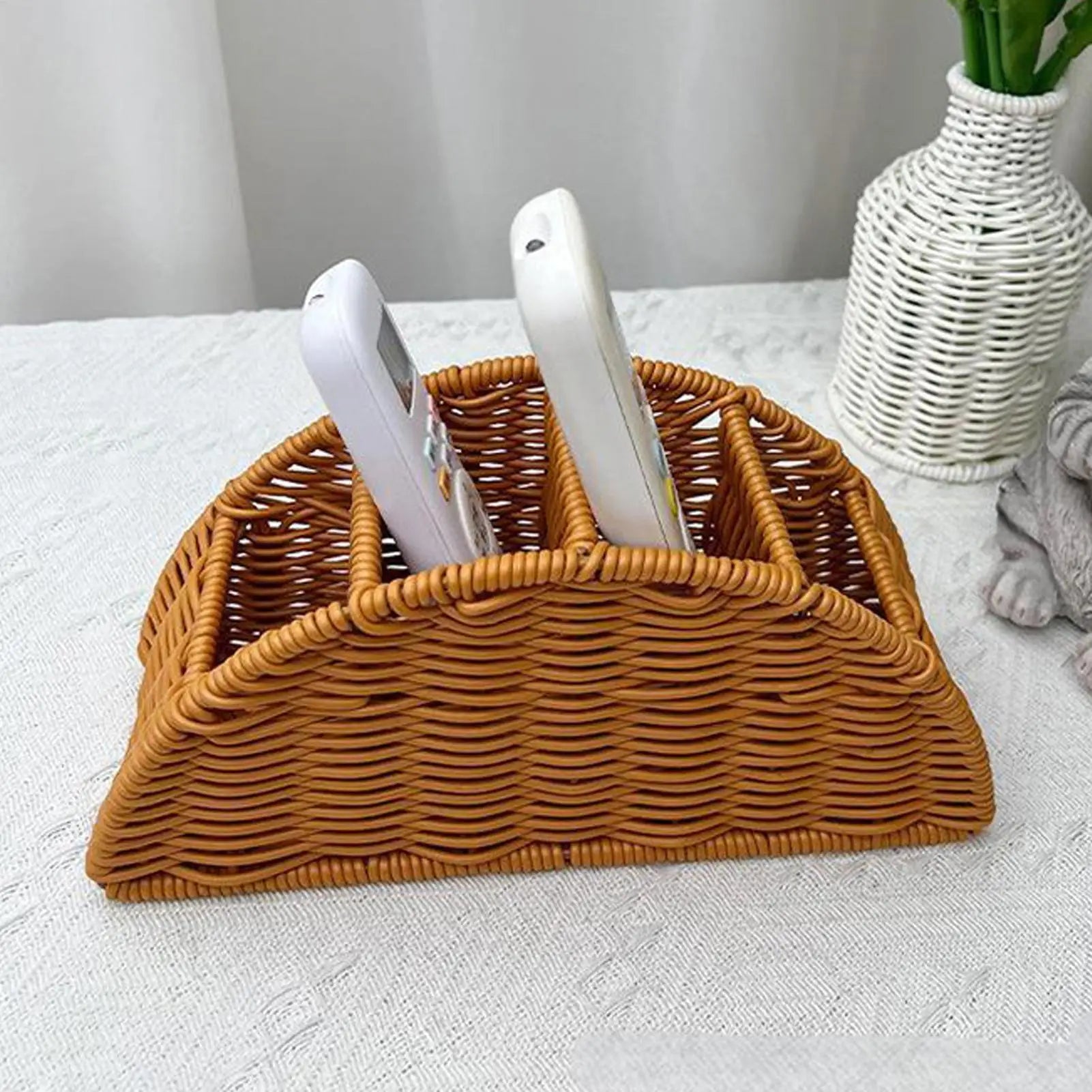 Woven 4-Slot Remote Control Holder – Boho Desktop Organizer