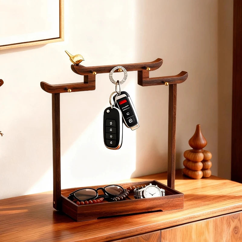 Middle Ancient Style Walnut Wood Entrance Door Key Storage Rack Storage Decoration Living Room Home Decor Oasis Select
