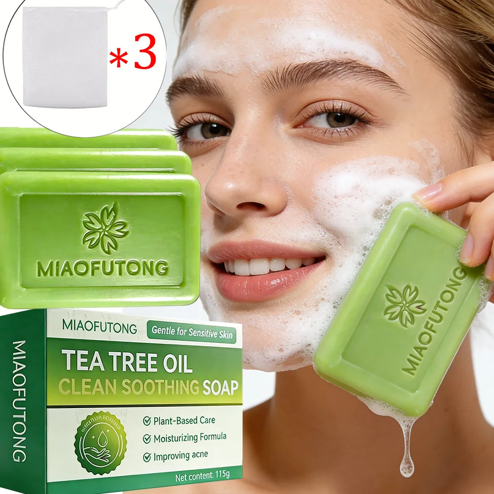 MIAOFUTONG Gentle for Sensitive Skin TEA TREE OILANTIFUNGAL SOAP Plant-Based Care Moisturizing FormulaG lmproving acne Oasis Select 3 PCS Foaming net 115g