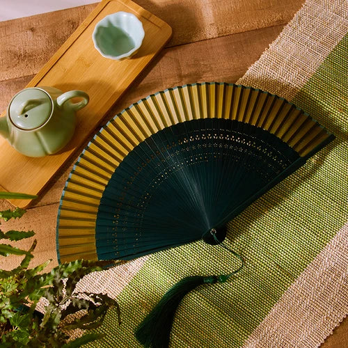 21cm Chinese style retro style green series Cherry Blossom gradient folding fan daily portable dance cheongsam fan Oasis Select 3