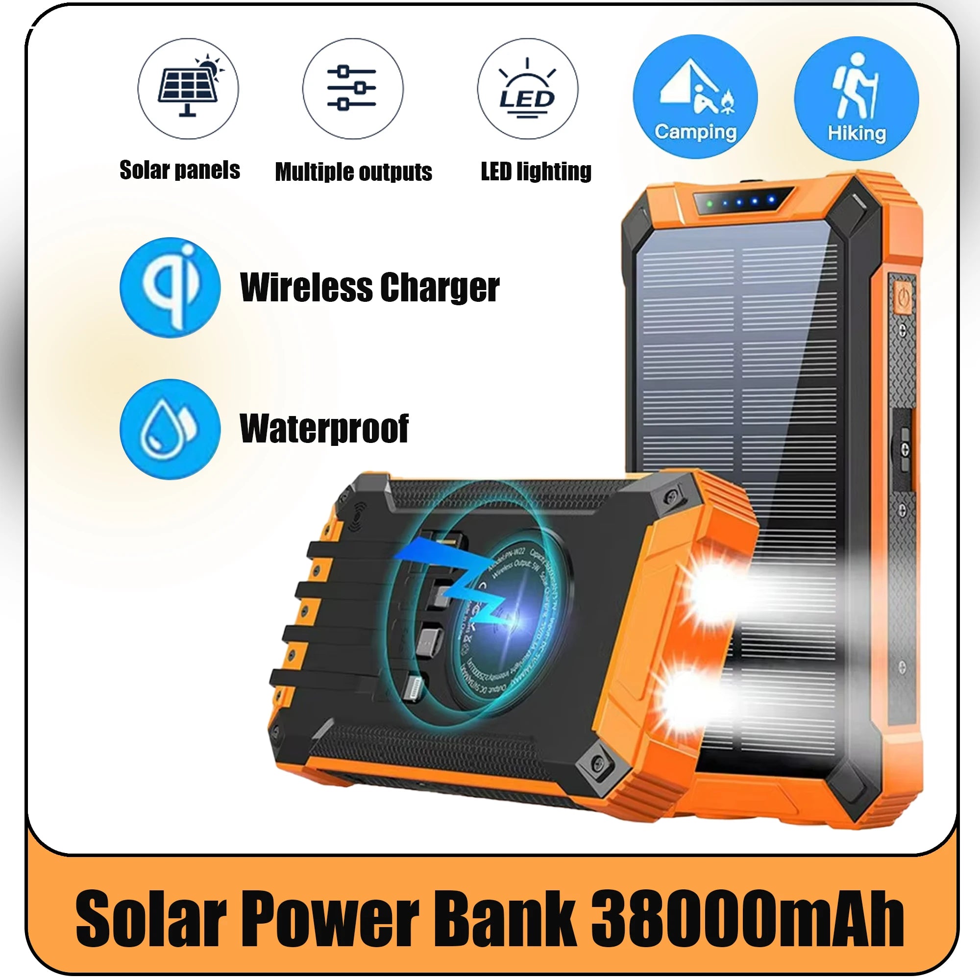 New 38000mAh multifunctional Solar Power Bank Mobile Power Fast Charging Battery With 4 Cables Wireless Charger LED Flashlight Oasis Select