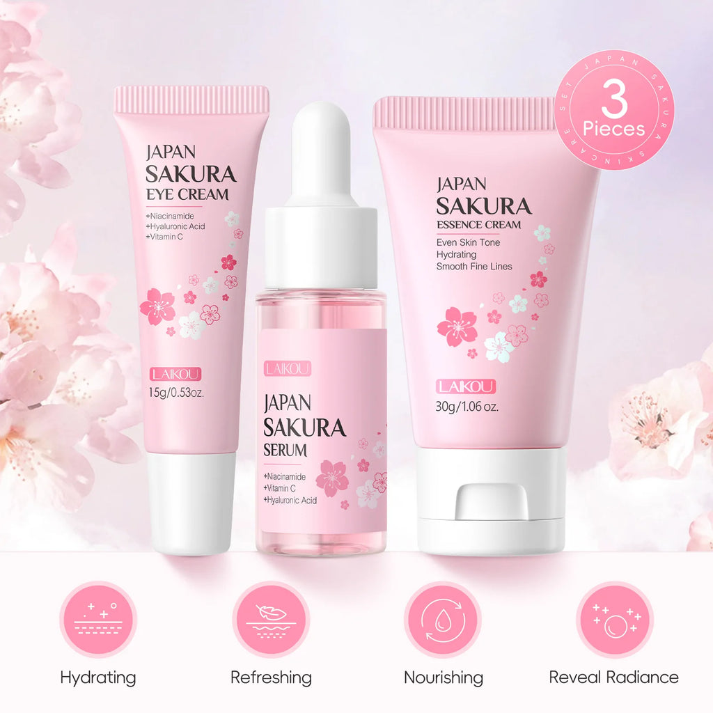 LAIKOU Sakura 3Pcs Facial Kit Face Cream Serum Eye Cream Hydrating Moisturizing Soothing Mini Travel Skincare For Women Gift Oasis Select