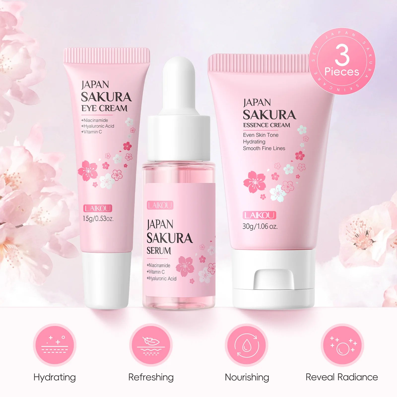 LAIKOU Sakura 3Pcs Facial Kit Face Cream Serum Eye Cream Hydrating Moisturizing Soothing Mini Travel Skincare For Women Gift Oasis Select