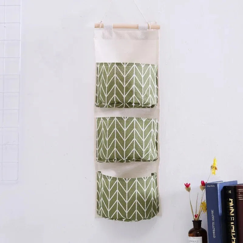 Cotton Linen Wall Hanging Storage Bag – 3-Pocket Organizer Wall Hanging Organizer Oasis Select Green