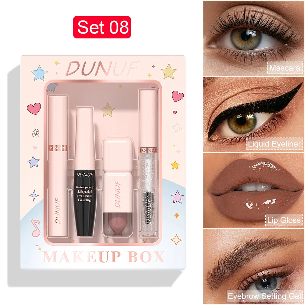 DUNUF 4-in-1 Makeup Gift Set Waterproof Long-Lasting Mascara Liquid Eyeliner Brow Setting Gel Moisturizing Lip Gloss with Mirror Oasis Select 08