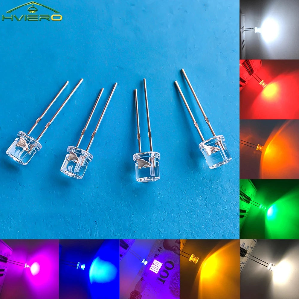 10PCS 5mm Flat Top Ultra Bright LED Diodes – Wide Angle Bulbs