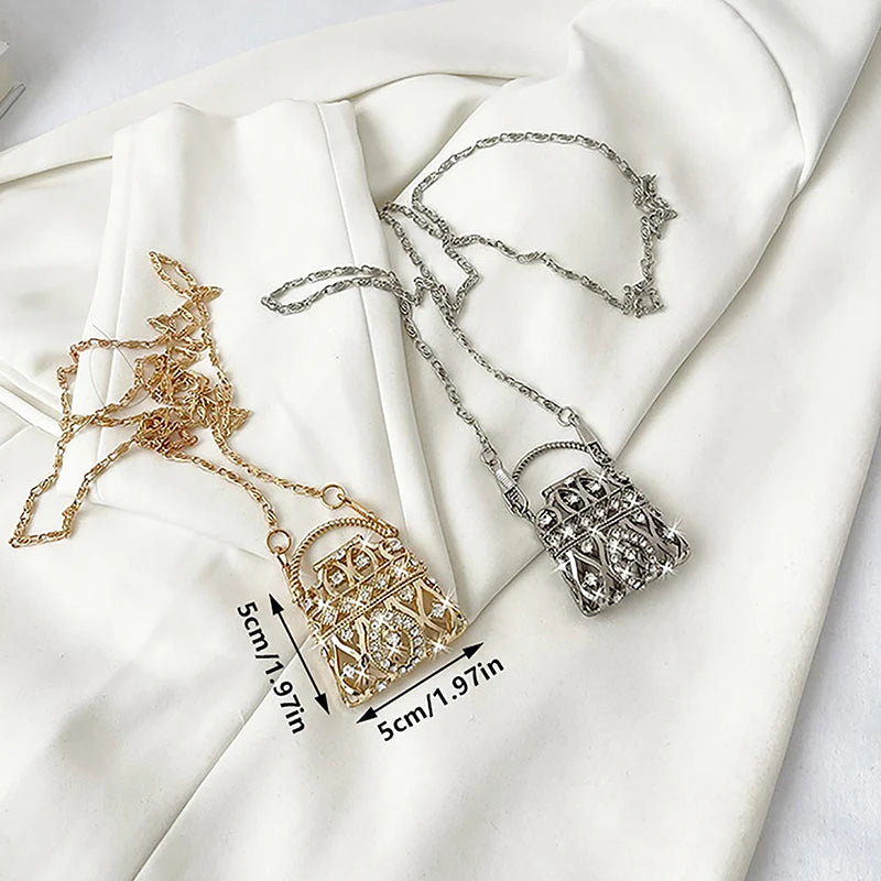Gold Silver Rhinestone Mini Bag Women's Single Shoulder Crossbody Chain Bag Handbag Body Decoration Metal Hollow Shell Bag Oasis Select