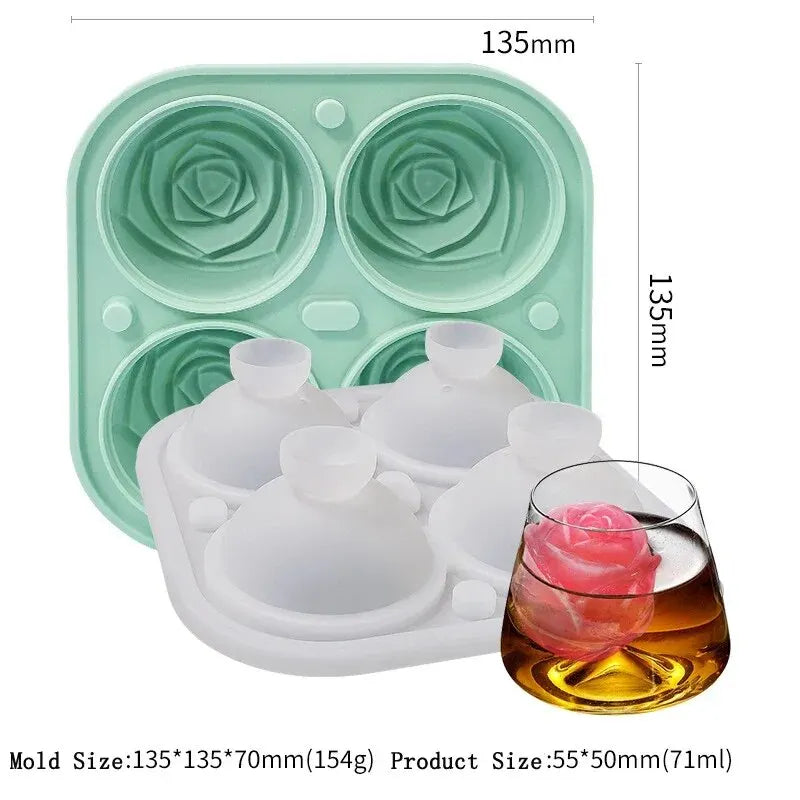 3D Rose Ice Molds 2.5 Inch, Large Ice Cube Trays, Make 4 Giant Cute Flower Shape Ice, Silicone Rubber Fun Big Ice Ball Maker Oasis Select Green