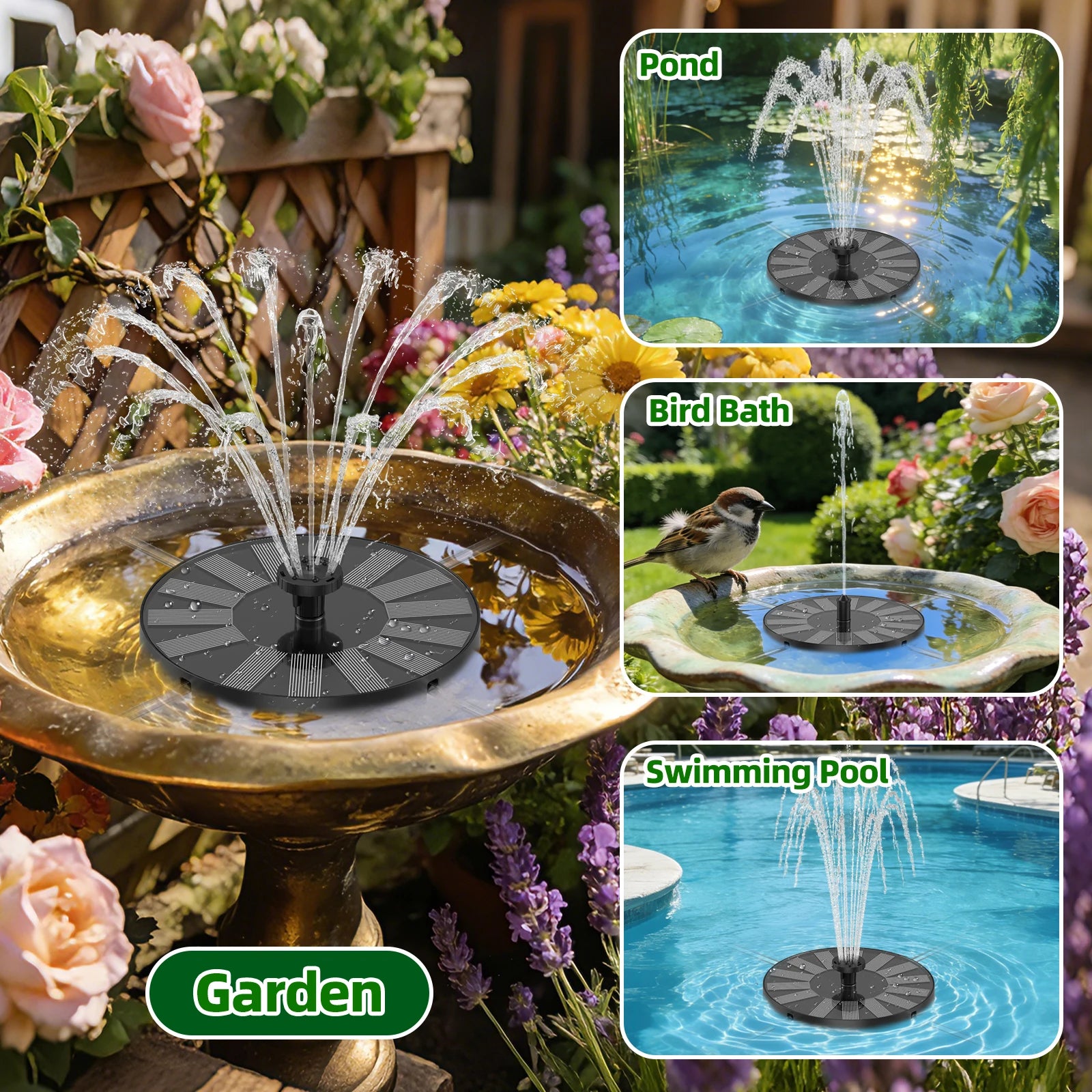 1.4W Solar Water Fountain Bird Bath Pump with 6*Nozzle&4*Crash Bar Durable Powerful, Perfect for Bird Bath Garden Pool Aquarium Oasis Select