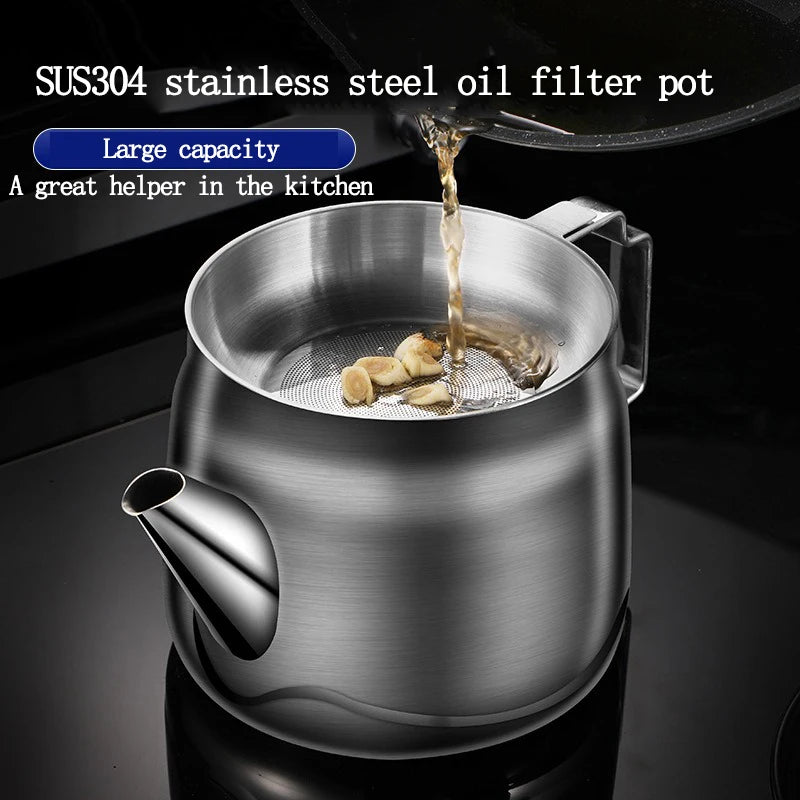 1/1.5/2L 304 Stainless Steel Oil Strainer Pot Cooking Oil Can with Fine Mesh Strainer Kitchen Fat Storage Kitchen Accessories Oasis Select