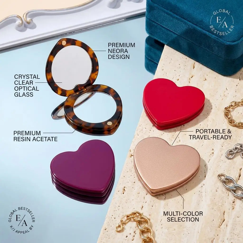 Heart-Shaped Acetate Compact Makeup Mirror & Hair Accessory