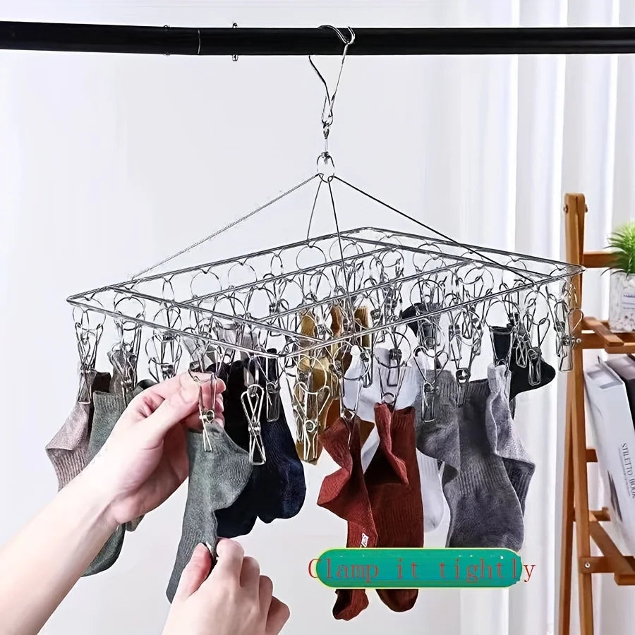 Stainless Steel Laundry Clothes Rack with Clip, Polished Metal Rotating Hook, Windproof Lock Design, Detachable Clip Oasis Select