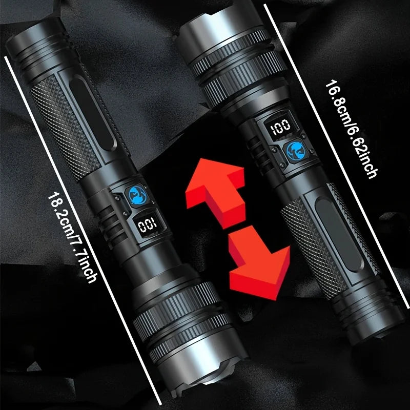 1/2PCS High-Power Flashlight Zoomable Focus Torch USB Rechargeable Flashlights with Strip LCD Smart Power Display for Outdoorr Oasis Select