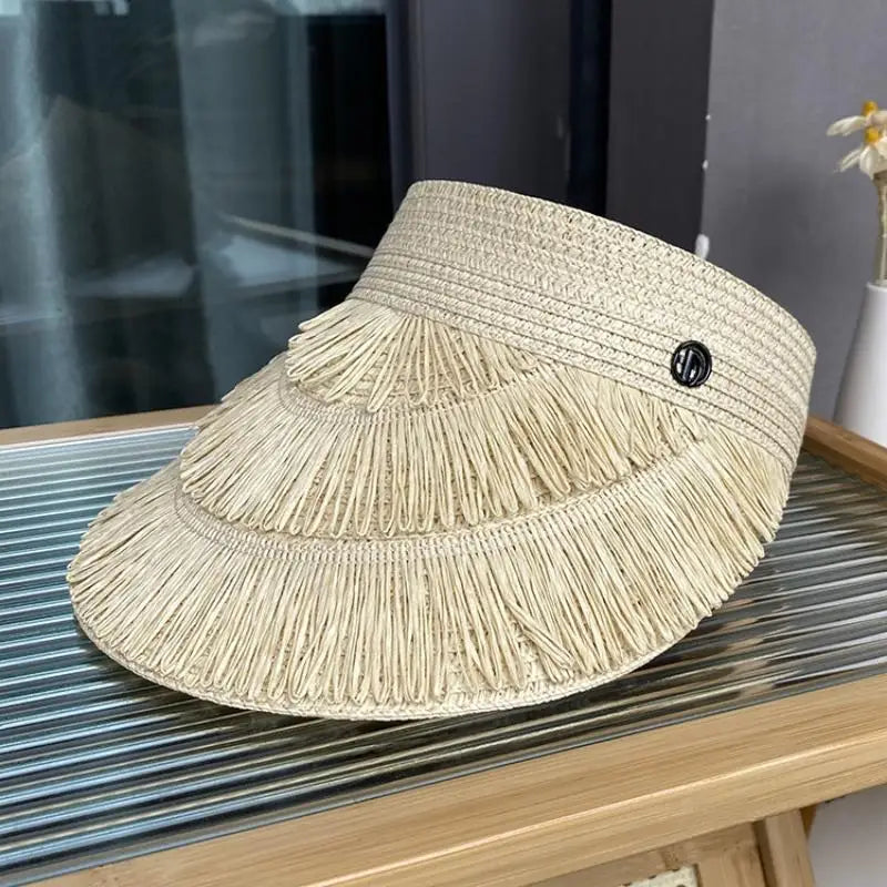 Straw Hat Women Summer Fashion Fringe Sun Protection Wide Brim Lightweight Designer Brand Adjustable For Beach Activities Oasis Select Beige