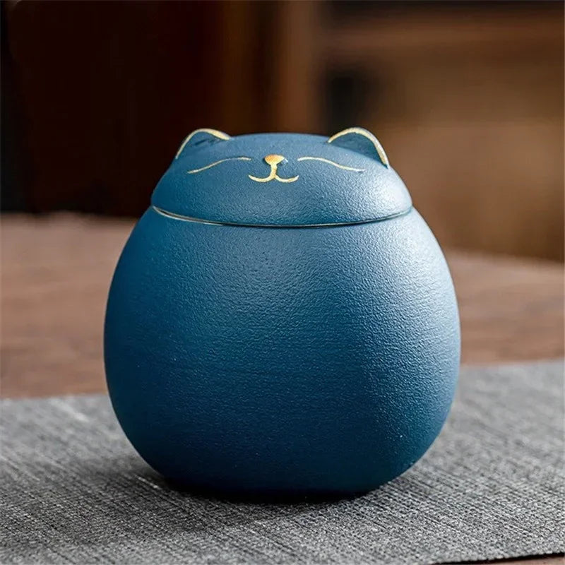 230ML Tea Storage Jar Cute Pets Gradient Color Ceramics Jar Cat Tea Can Moisture Proof Household for Candy Sealed Storage Box Oasis Select Blue