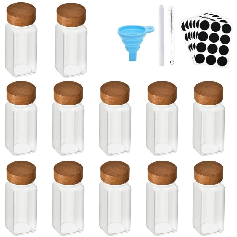 12pcs Spice Jars with Labels Thickened Glass Seasoning Containers with Bamboo Lids Sealed Seasoning Bottles with Silicone Funnel Oasis Select 12pcs-set