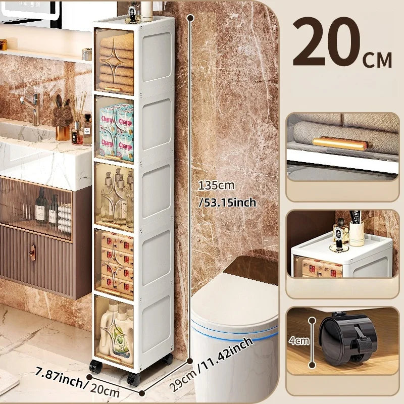 Heavy-Duty Space-Saving Flip Slim Cabinet 3-5 Tiers 20cm Wide Rolling for Kitchen Bedroom Bathroom Living Room 2 Colors Option Oasis Select 5 Layers-tawny