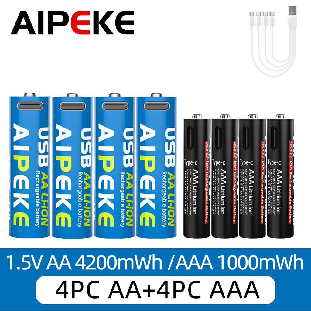 AIPEKE Aa Rechargeable Batteries 4200mWh triple aaa rechargeable batteries 1.5V 1000mWh,USB-C Charging for Remote Control Mouse Oasis Select AA4PC and AAA4PC