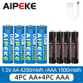 AIPEKE Aa Rechargeable Batteries 4200mWh triple aaa rechargeable batteries 1.5V 1000mWh,USB-C Charging for Remote Control Mouse Oasis Select AA4PC and AAA4PC