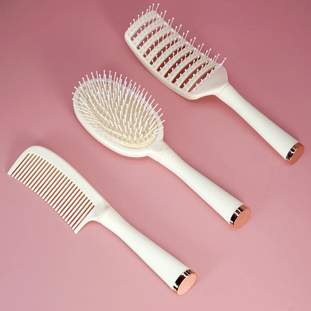 3-Piece Hair Comb Set: Cushion Massage Comb, Wide Tooth Comb & Hollow Comb - Milky White Oasis Select