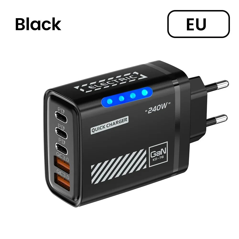 Total 240W USB Type C Fast Charging Charger For Samsung Huaweui iPhone Wall GaN Charger Multi Ports Mobile Phone Power Adapter Oasis Select EU Black