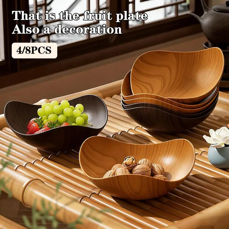 4/8PCS Wood Grain Plastic Bowl - Multifunctional Salad Fruit Candy Container For Party Gathering Table Supplies Oasis Select