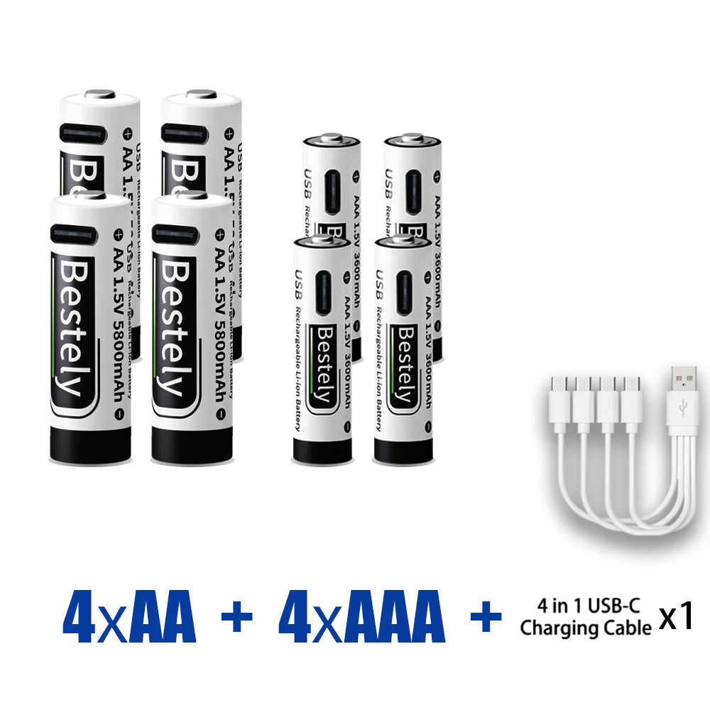 AA+AAA Rechargeable Batteries 1.5V Li-ion Battery Long-Lasting High Capacity Lithium, 2000 Cycle with Free USB-C Cables Oasis Select 4AA 4AAA