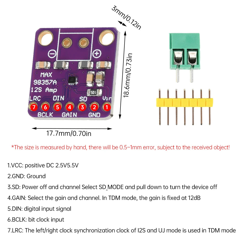 MAX98357 I2S/BGA Audio Amplifier Module Audio Amplifiers Filterless Class D Amplifier Board for Raspberry Pi ESP32 Oasis Select
