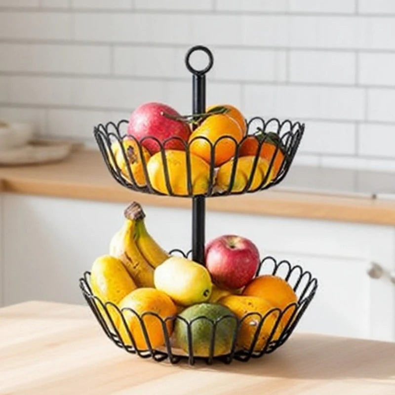 Kitchen double-layer fruit basket removable wooden bottom fruit plate hand basket living room wrought iron candy snack plate Oasis Select