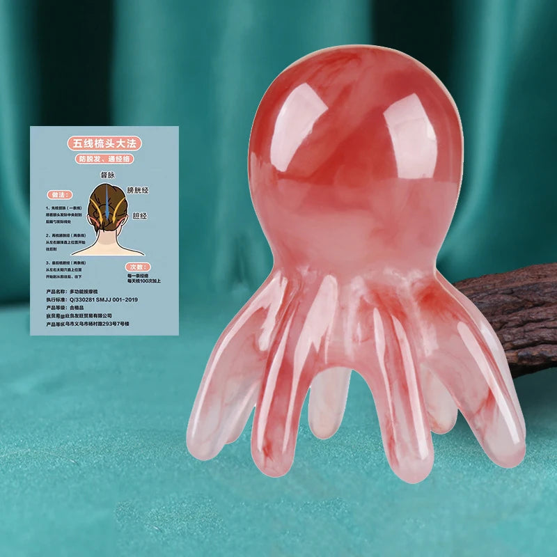 Resin Octopus Massage Comb Head Meridian Scraping Scalp Massage Brush Acupuncture Gua Sha Massage Comb Fatigue Relief Massage Oasis Select Pink 1