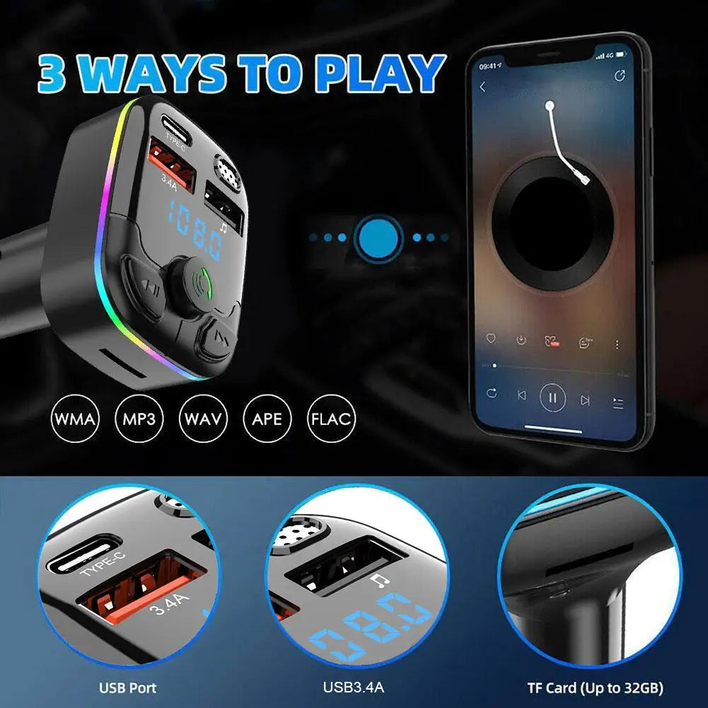 Bluetooth 5.0 FM Transmitter Car Charger – Dual USB & Type-C