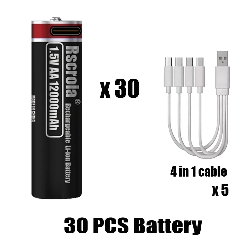 1.5V AA Lithium Battery Rechargeable 12000mAh USB-C Fast Charging, Constant Voltage for Smart Lock, Game Controller, Keyboard Oasis Select 30 pcs AA Batteries 1.5V