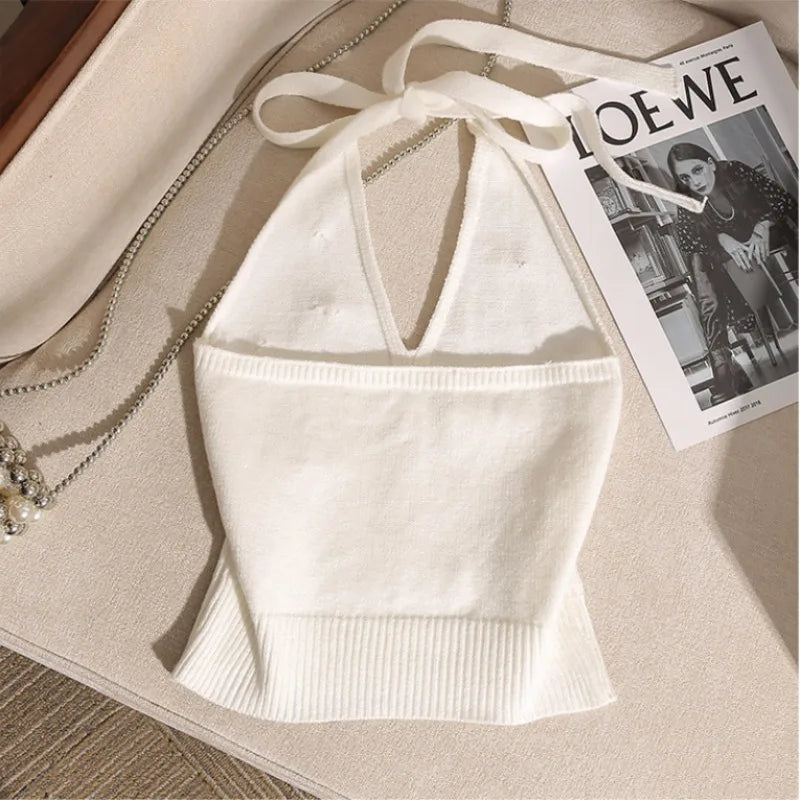 1-10PCS Beaded Halter Top for Women Sexy Backless Sleeveless Knit Cami Slim Fit Layering Outwear Summer Clothes Oasis Select