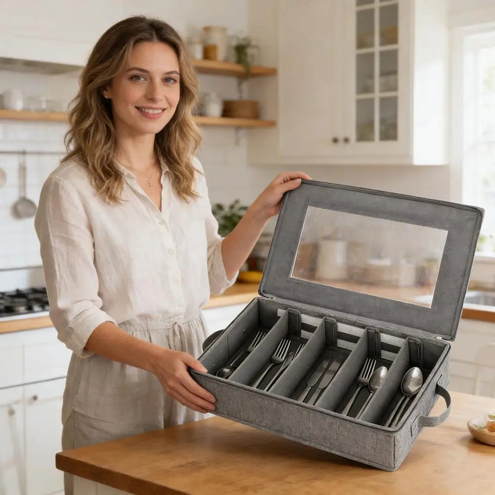 5-Compartment Flatware Organizer with Zipper Lid | Cutlery Box