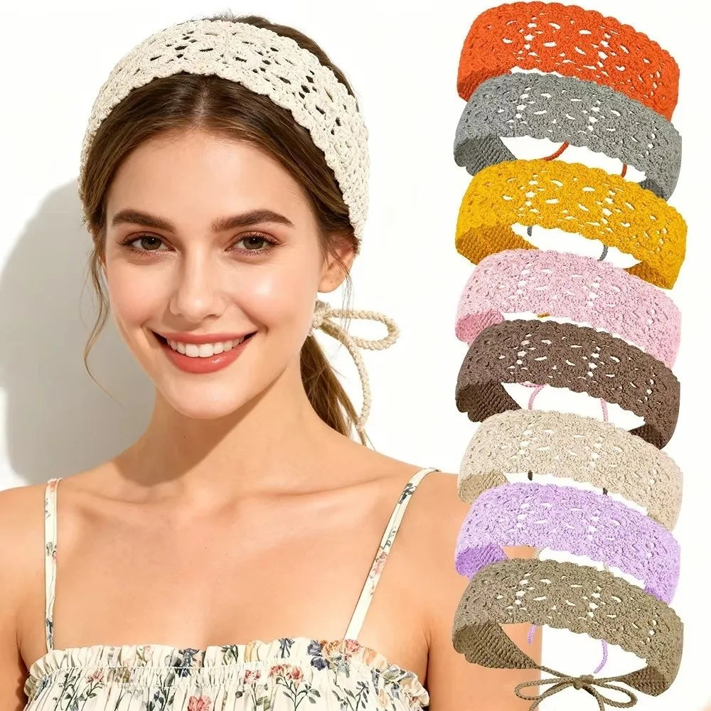 Boho Floral Headband Handmade Solid Color Knit Hair Band Hollow Out Crochet Hair Scarf Oasis Select