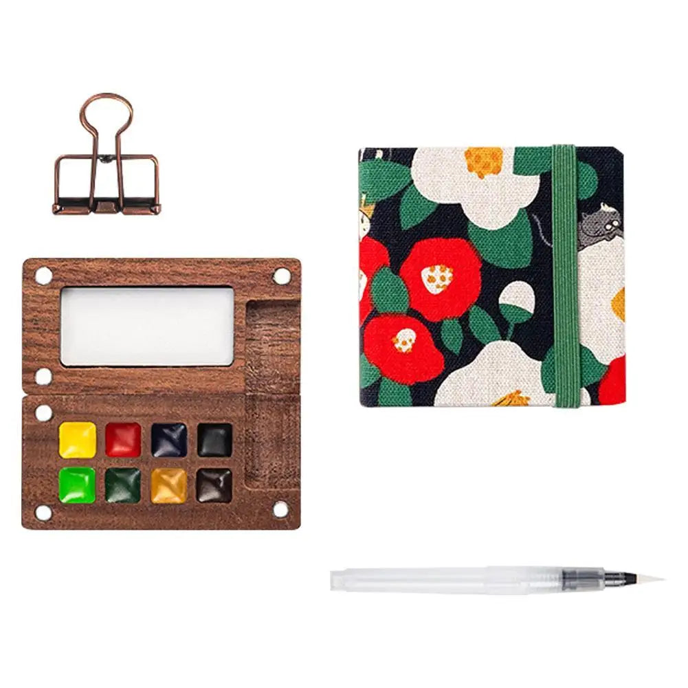 Travel Watercolor Palette Set – Wooden Paintbox & Sketchbook