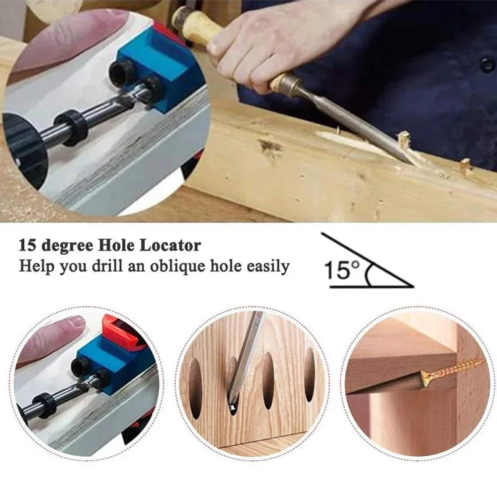 Woodworking Oblique Pocket Hole Locator Jig Kit 15 Degree Angle Drill Guide Set Hole Puncher DIY Carpentry Tools Drill Bits Oasis Select
